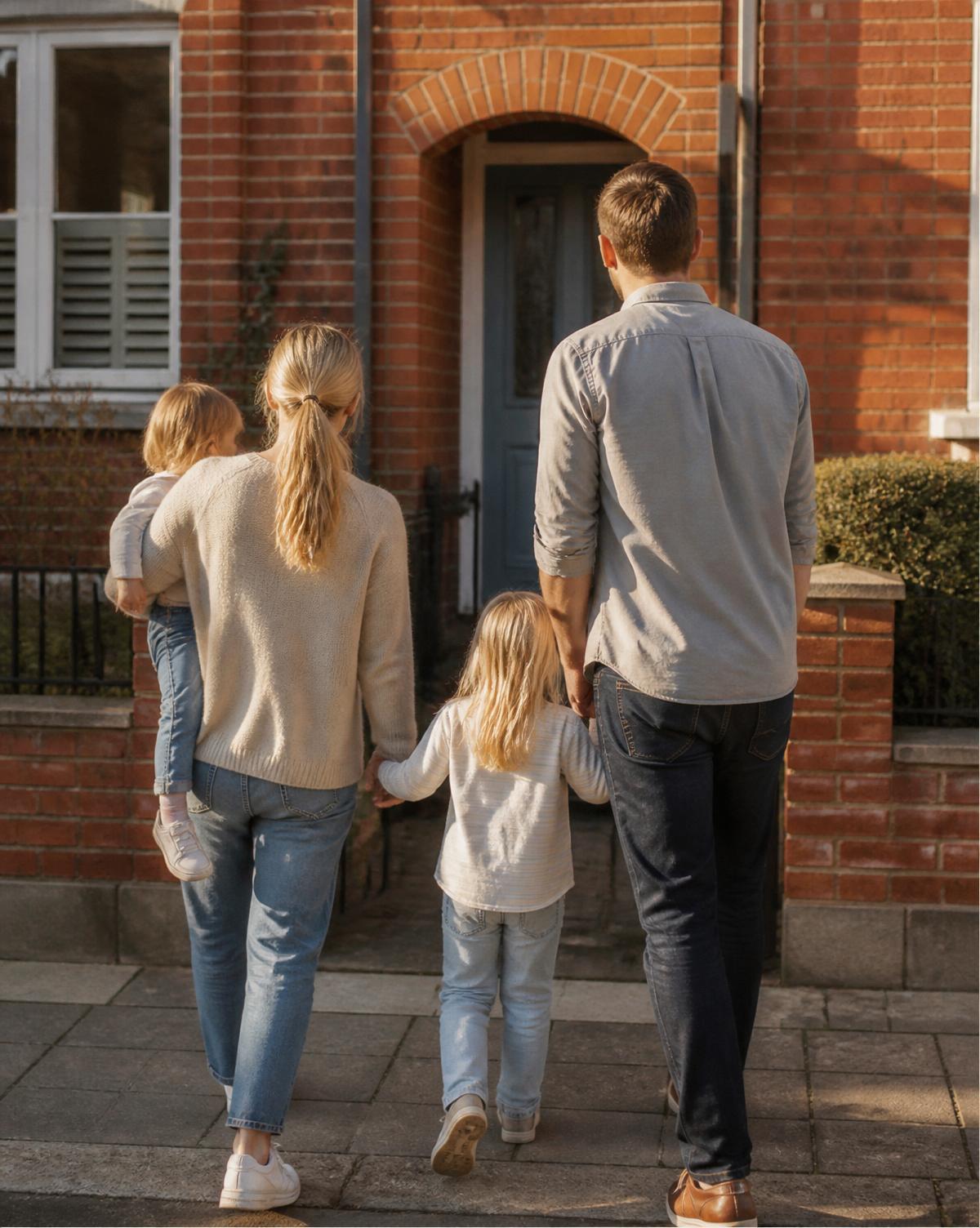 A family with their keys outside their new home