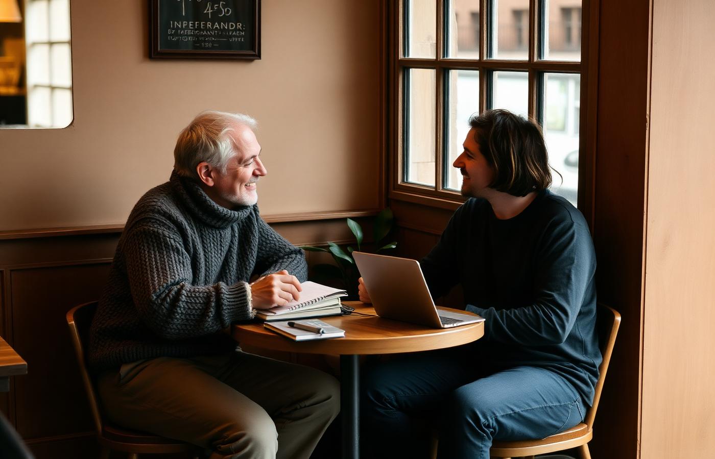 Hub director coaching an agent over coffee in a relaxed cafe setting
